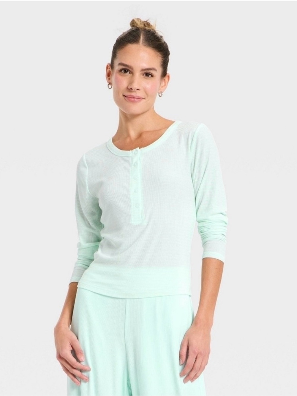 Light Mint Henley Top Soft Ribbed Long Sleeve